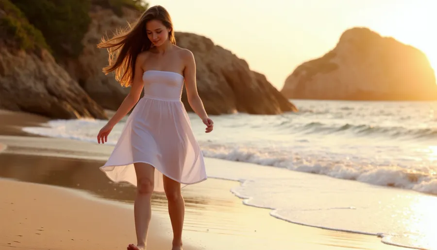 Lei era lì, trafisso dalla bellezza del tramonto. Il caldo bagliore del sole getta una tonalità d'oro su tutto, e lei non poteva fare a meno di sentire un senso di pace lavarsi sopra di lei. Mentre guardava le onde schiantarsi contro la riva