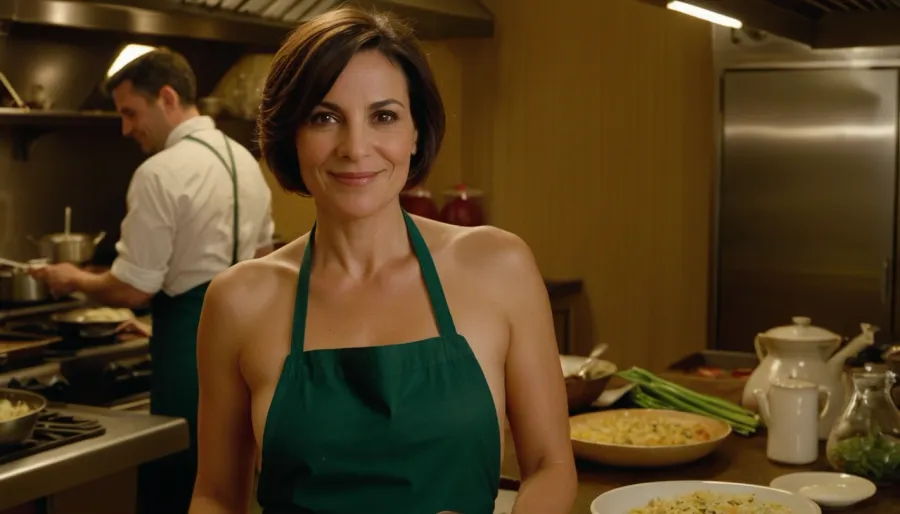 Una donna di 40 anni, con il suo bel viso e gli occhi marroni, era nella cucina di un ristorante di fascia alta. Indossava un grembiule e preparava il pasto con grande cura. Mentre cucinava, guardava intorno alla gente