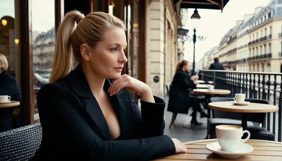 Una donna dei suoi 40 anni, con i capelli biondi lunghi e una figura curvy, ha sorseggiato il suo caffè sulla terrazza di un caffè parigino mentre aspetta che qualcuno si presenti. Aveva una bella faccia con le labbra piene e indossava un nero