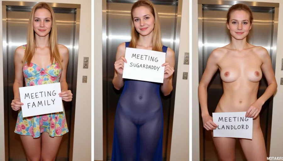 side-by-side three pictures of a young Norwegian, slim, woman, with blonde hair, french braid, standing in front of a lift. On the first picture on the left she wears a floral summerdress, and holds a handmade sign with text "MEETING FAMILY". On the second picture in the middle she wears a blue transparent dress, blue see-thru dress, and holds a handmade sign with text "MEETING SUGARDADDY". On the third picture on the right she is completely naked, nude, and holds a handmade sign with text "MEETING LANDLORD".