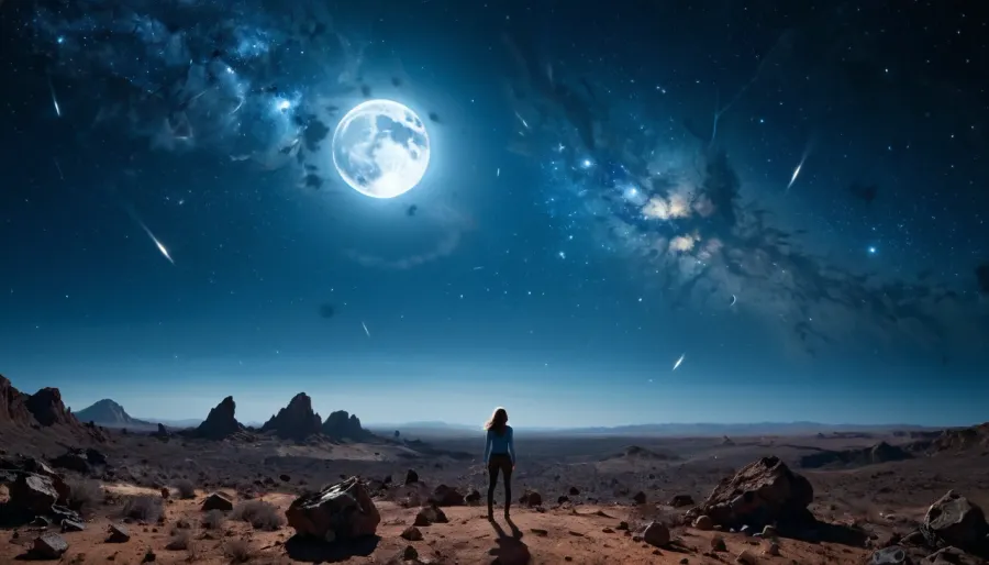 The full moon was broken into many pieces, like shattered porcelain. It looked like the picture of a woman in a distant side, with her silhouette standing on a side in a distance. The atmosphere was eerie and mysterious, with the