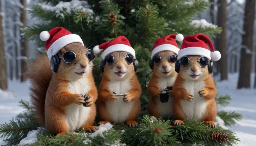 Five Singing squirrels wearing sunglasses and headphones, santa cap, sitting in Christmas tree, forest, snowing, christmas bauble, sharp focus, photorealistic, hyperrealistic, high resolution, very detailed, best quality