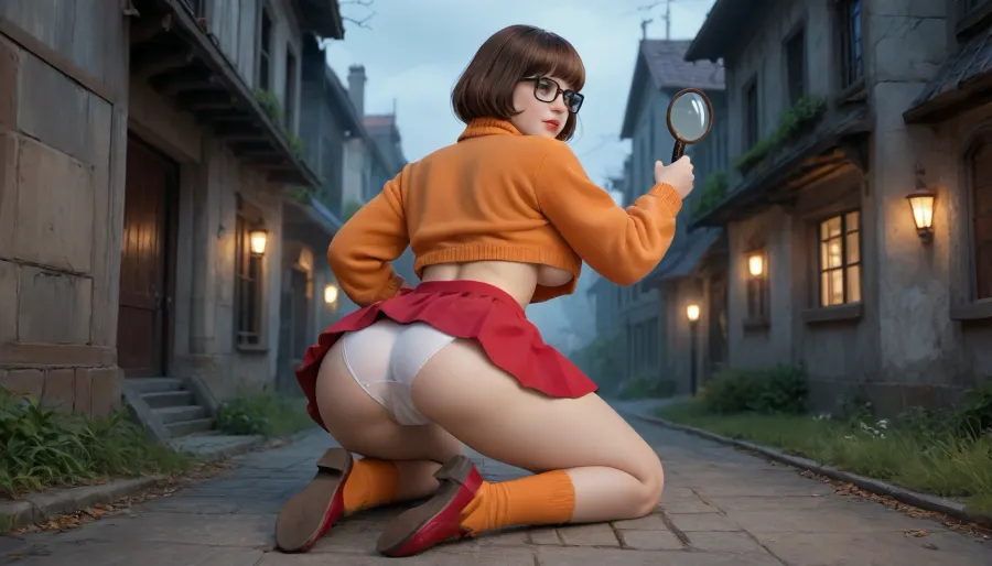 Velma from scooby doo in a haunted house, spooky atmosphere, full body, on knees, arched back, view from behind, up skirt, white underwear, puffy pussy, camel toe, holding a magnifying glass, massive tits, dripping wet pussy, juicy pussy, looking back at viewer, underboob, haunted, pumpking, house, graves, <lora:Halloween Series_ Haunted House_epoch_5:1.2>, Velma1024, <lora:Velma1024-000290:.8>
