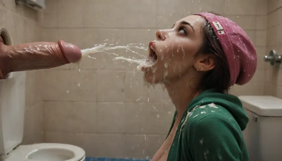 public toilet, glory hole, side view, woman, huge penis, cum facial, spurts of cum, hot model looks like a goddess, cleavage, open clothes, tattoos, dark green hoodie, realistic, very detailed