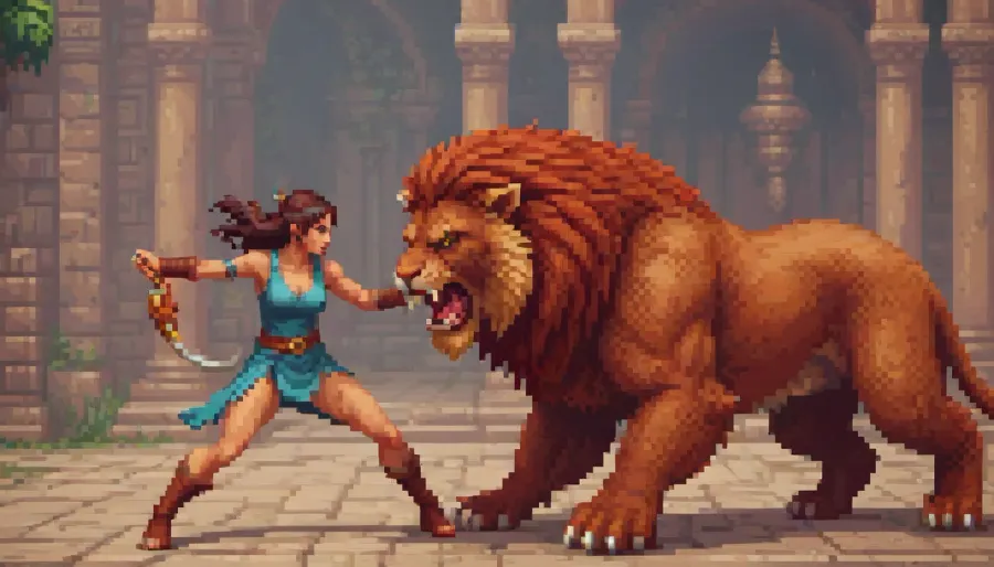 pixelart of a beautiful Persian Huntress, battling a mythical manticore, boss fight, style of fighting game, side scroller style, style of Street Fighter, <lora:pixel-art-xl-v1.1:.9>