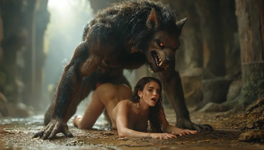 (Movie poster for a 1960s horor movie version of breakfast at Tiffany's:1), Werewolf, massive red knotted werewolf penis, red eyes, doggystyle sex, beautiful warrior woman, rough sloppy sex, primal mating, cum inside, growling, impregnation, moaning and drooling from the mind melting orgasm, big full boobs, impossible fit, grabbing her waist, grabbing hair, modern-werewolf, <lora:Modern_Werewolf:.8>, <lora:MJ52:1.1>