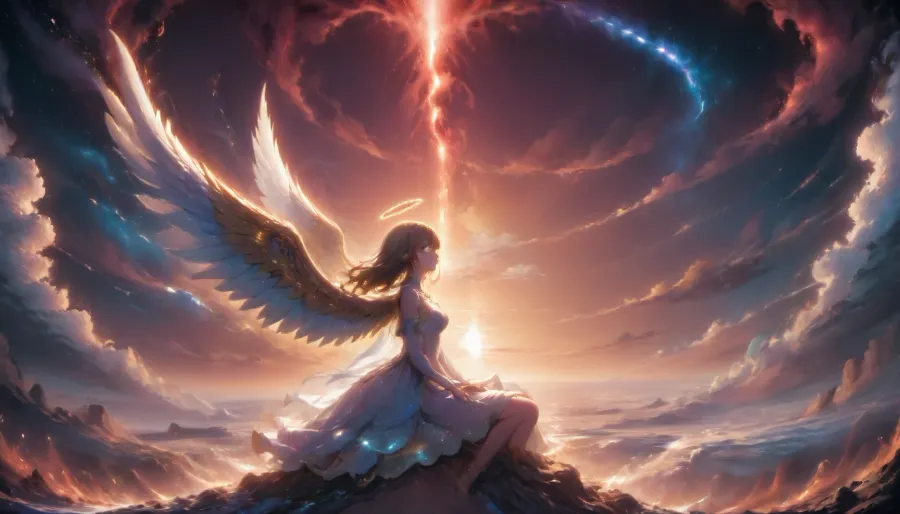 Magnificent landscape, above the clouds, sky, sunset, (stars), angel, (side view), big wings, halo, sitting on a cloud, dreamy gaze, looking into the distanc