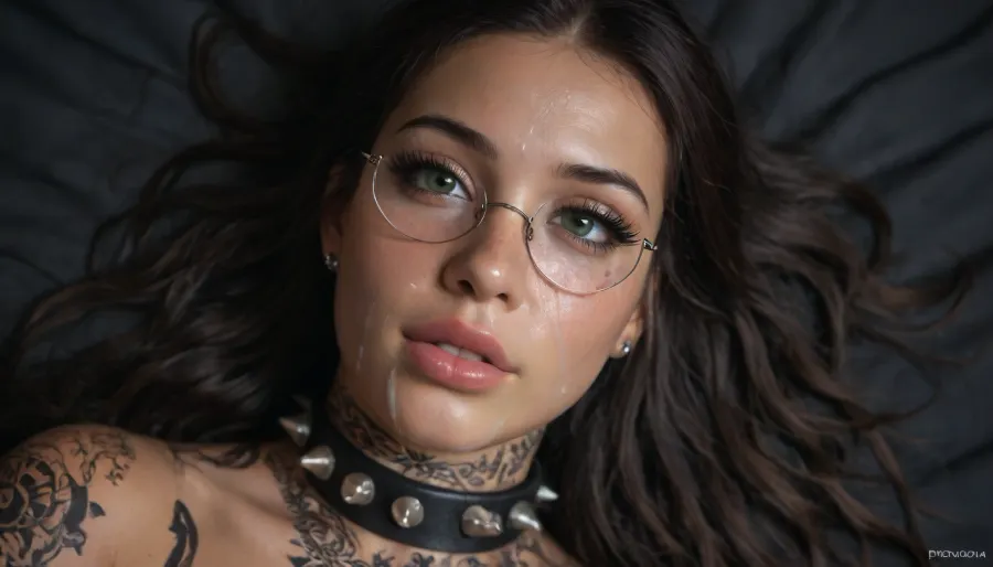 (Africangirl:1.5), (black skin:1.5), (ebony:1.5), close-up on head of cute slutty woman, laying on bed after having been used intensely, facing viewer, tired but happy, slight smile, black makeup, (forehead full of cum:1.1), (nose full of cum:1.1), (mouth full of cum:1.1), (cum running onto bed:1.1), (lots of cum), (loads of cum), bukkake, warm light, beautiful morning, (wet long hair:1.8), (wet face:1.6), (long eyelashes:1.6), (plump lips:1.6), (round glasses), (collar with spikes:1.3), (green eyes), (black bed linen:1.7), (tattoos on the whole neck:1.8)