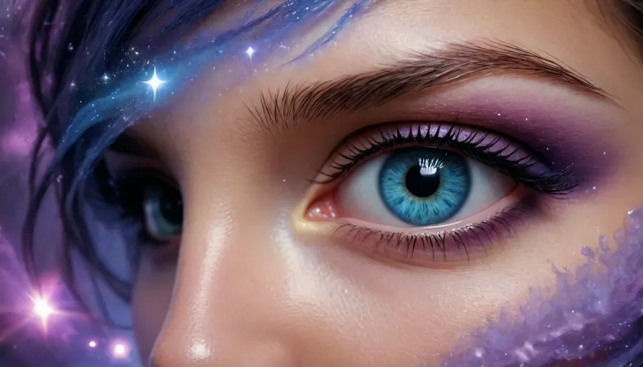 Crie um avatar feminino estilizado, inspirado em uma decifradora de sonhos. Características, Aparência misteriosa e acolhedora., Olhos brilhantes, como se refletissem estrelas., Cabelos ondulados e longos, com tons de azul e roxo., Fundo etéreo, com elementos oníricos como nuvens, estrelas e luas flutuantes., Estilo artístico, digital painting, com traços suaves e detalhados.