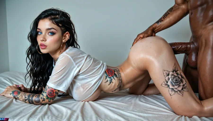 Realistic, 8K UHD, hot white 25 year old slim petite skinny with beautiful face, dimples, loose shirt with neck, make up, busty rounded perfect boobs, caribean blue eyes, soft smoke eyeliner, large plump lips, strip lush eyelashes, pale skin color, stilleto nails, monroe piercing, black velvet lipstick, small skinny rounded butt, red long hair, loop earrings, piercing at ears, petite, (many tattoos on whole body:1.4), (dark skinned large gigantic massive enormous huge dick), 1girl, 1boy, anal, on all fours ass up, facing front, detailed, eyes, perfect, freckles, skin, texture, photorealistic, <lora:milkers_v2:.4>, <lora:add-detail-xl:.8>, <lora:Super_Eye_Detailer_By_Stable_Yogi_SDPD0:.8>, <lora:detailed_notrigger:.8>