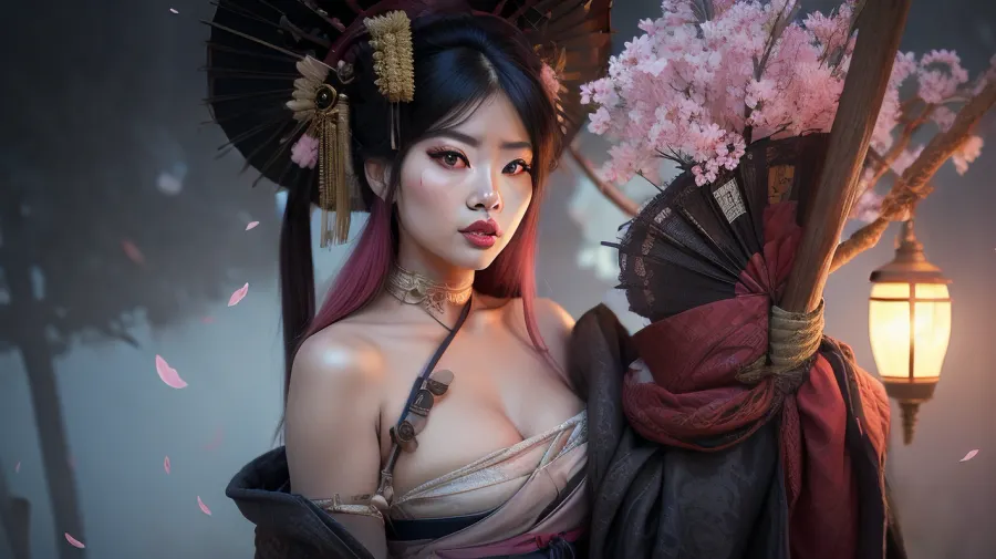 a women with a very large female samurai hat, a rope around her neck, a rope around her breasts, a small top, she is in a cherry blossom forest, cyberpunk art, very beautiful cyberpunk samurai, cyberpunk geisha, (very small breasts), she has a beautiful elaborate hairstyle, long blonde hair with pink highlights, geisha, geisha style, geisha outfit, geisha look, geisha costume, ((she is wearing a beautiful large female samurai hat)), perky small breasts, (realistic highly detailed large beautiful crystal eyes with light glowing, [brown, blue, green], , , iris), heartshaped lips, lip gloss, aroused skin, dramatic sunset, dreamy mood, detailed photo, photorealistic photo, realistic pretty women photo, realistic night vision soft fokus parallax overexposure photo style, #KITTYART





























#KITTYART