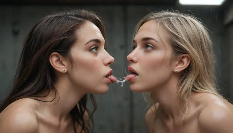 2girls, 1st girl with wet blonde hair, 2nd girl with wet brunette hair, kissing passionately, excessive drooling, semen on faces, both naked, standing in rainy abandoned hangar, wet concrete, dim light, hyperrealistic, 8k, erotic mood