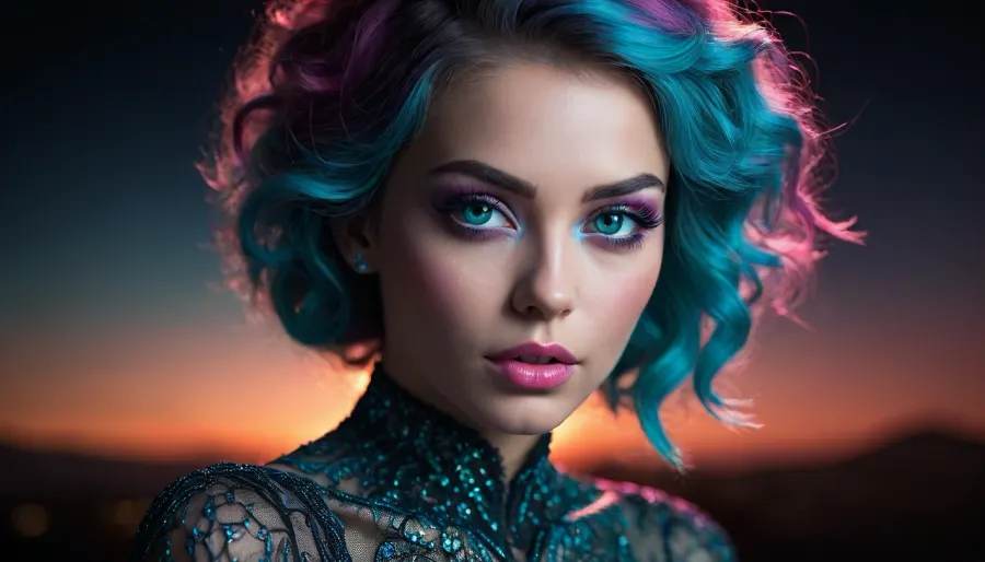 dark energy, intricate design, dark background, predominant pink tones, one woman silhouette, blacklight illumination, spot colors, very aesthetic, vibrant cyan hues. She has a pretty coquettish faded face, elaborate hairstyle, small breasts, detailed crystal eyes, light glowing irises, heartshaped lips, lip gloss, aroused skin, she exhales, dramatic sunset, long shadows, dreamy mood, detailed photo, photorealistic photo, realistic pretty women photo, night vision, soft fokus, parallax, overexposure. #©KITTYART



































#©KITTYART