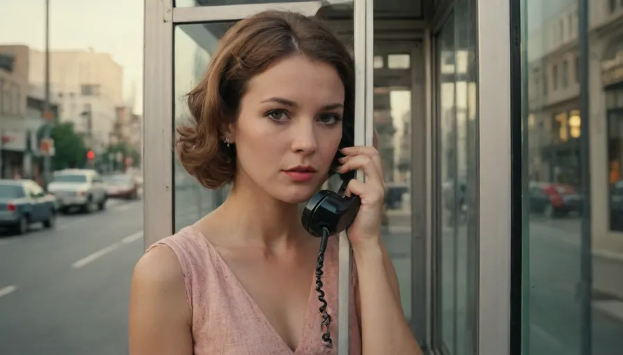 A vintage-style photo of a young woman, 40 years old, standing inside an old-fashioned phone booth in the middle of a city. The woman is seen from behind, holding the phone to her ear. The photo is taken from outside the booth, capturing her through the glass. She is dressed in retro clothing from the 1960s or 1970s. The city around her has a nostalgic atmosphere, with vintage cars and soft, faded colors giving the image an old photo feel. The lighting is soft, like a late afternoon glow.