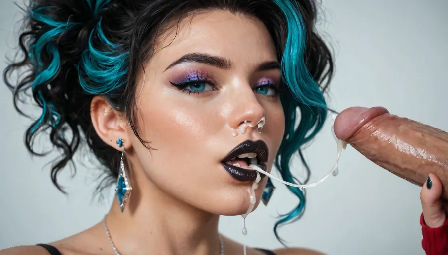 Close-up of a beautiful woman with brightly colored hair. Large breasts. Black lipstick. Makeup smeared. She looks bored. Cum dribbling from. Mouth and nose. Cum dribbling from nose. Cum dribbling onto large breasts.

He holds a large flacid dick in her hand.
