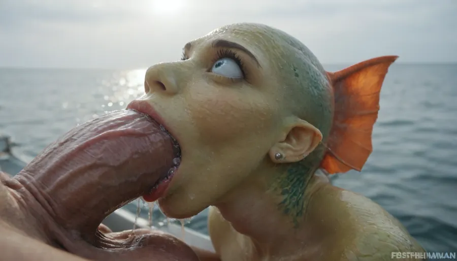 (Masterpiece), 1 fish creature with a fish face and fish head doing a deepthroat to 1 fisherman huge dick with no arms on his boat, (super fish scales glowing sticky skin), perfectly bald, hyper sloppy bubbles deepthroat, huge dick deepthroat, blowjob, very detailed eyes, very detailed hands, pumping, (super wet dick), bubbles coming out of mouth, hyper saliva, hyper bubbles, huge hyper long elastic mouth, fins, hyper creature, fish, random color, INFO, rodian, alien, <lora:RodianXL:.8>