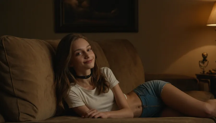 GHTEN, futuristic alien, science fiction, scinematic still, Realistic, photorealistic, cinemascope, ultra realistic 4k, high quality photo, (horizon level), (highly detailed face:1.3), young beautiful 18 years old girl, skinny, very thin waist, small breasts, smile, (girl lies on the sofa in a lewd vulgar pose:1.3), long hair, makeup, (T-shirt:1.2), (jeans:1.2), choker, dim warm light, Rembrandt Lighting style, shadow, partially covered in shadow, Rembrandt shadow style, high contrast, moody, epic, gorgeou, <lora:add-detail-xl:.6>, <lora:Artists_Edge-000006:.6>, <lora:AdvancedEnhancerXLv2:1>