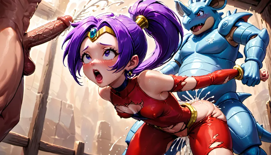 Shantae, dark purple hair, ponytail, tiara, 1 girl, on all fours, slender body, small breasts, fucked by Nidoking from pokemon, massive cock, ahegao, cum on back, Arms held back, ripped clothes, ripped shirt, below view, (((moaning:1.5))), (((arms held back:1.2)))