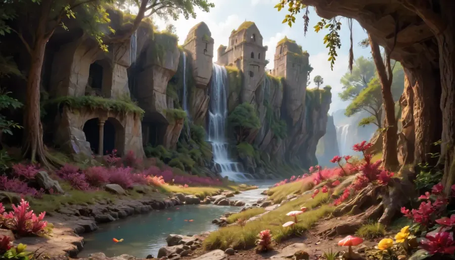 A turbulent river cuts through a fantastic utopian landscape, its turquoise waters glowing faintly with bioluminescent algae as it tumbles down moss-covered cliffs. A cute 21-year-old virgin is sitting by the water, she has blue hair braided in pigtails, small breasts and a big ass, she is very sexy and depraved. Tall trees with translucent amber bark and iridescent leaves form a lush canopy, while fields of luminescent purple, coral and gold flowers sway in the breeze. The air shimmers with floating pollen and tiny winged creatures that resemble dragonflies with colored glass wings. In the distance, jagged crystal spires rise, half hidden by cascading vines and glowing mushrooms clinging to their bases. The sky is a kaleidoscope of soft aurora borealis merging with peach-hued clouds, casting a warm glow over ancient stone bridges covered in ivy and orchids. No sign of technology — just a harmonious co-existence of magic and nature, with waterfalls feeding crystal-clear pools teeming with fish that shimmer like living gems. Style, unearthly fantastic realism with super-detailed textures, (water droplets, leaf veins, crystal faces), and a bright palette of precious stones against a background of earthy green and gold tones., 4ng3l, face, <lora:add-detail-xl:.8>, <lora:SDXL_BetterFaces-LoRA_v1:1>