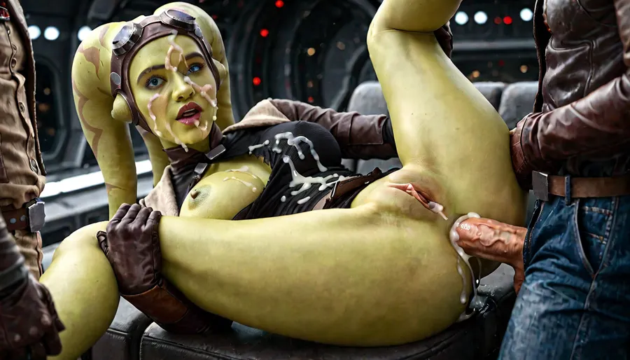 cinematic film still hera syndulla from star wars, raised eyebrow, medium shot, (green skin:1.2), shallow depth of field, vignette, highly detailed, high budget Hollywood movie by martin mcdonagh, bokeh, cinemascope, moody, epic, gorgeous, film grain, grainy, gang bang, hera syndulla anal sex, (anal sex:1.3), large breast, big ass, clothes are ripped, one breast exposed, 3 men stand around her masturbating, cum on her face, cum on clothes, (cum on face:1.2), (cum on clothes:1.3), wet pussy, <lora:Hera_Syndulla_XL:1.1>, Male, Twi'lek, Female, <lora:twi'lek:.8>