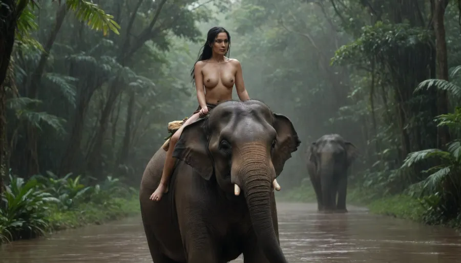 (subject, a nudeThai elephant guide with long black hair in a ponytail riding on the elephant's neckt, description, lush jungle during heavy rainfall, water droplets glistening on leaves and the elephant's wet skin, mist rising from the damp ground, style/aesthetic, cinematic realism with dramatic lighting and rich, earthy tones)