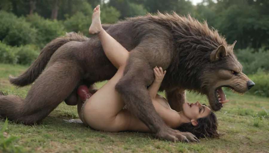 vaginal sex, cum inside, knotted werewolf penis, modern-werewolf, mating press, fast movement, howling, in the fields, excessively hairy bush, dense long pubic hair, excessive pubic hair, <lora:253562_training_data:.8>, <lora:Modern_Werewolf:.8>
