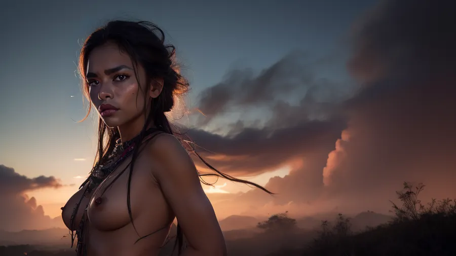 A time-lapse sequence with vibrant colors and rapid movements, A shaman from an Amazonian ethnic group performs an ayahuasca ritual in a small ethnic village in the heart of the Amazon rainforest. Her spirit leaves her body in the form of an animal. holding, complicated, She has a pretty hypnotic faded face, elaborate hairstyle, small breasts, detailed crystal eyes, light glowing irises, heartshaped lips, lip gloss, aroused skin, dramatic sunset, long shadows, fog, hypnotic atmosphere, detailed photo, photorealistic photo, realistic pretty women photo, night vision, soft fokus, parallax, overexposure, #©KITTYART



































#©KITTYART