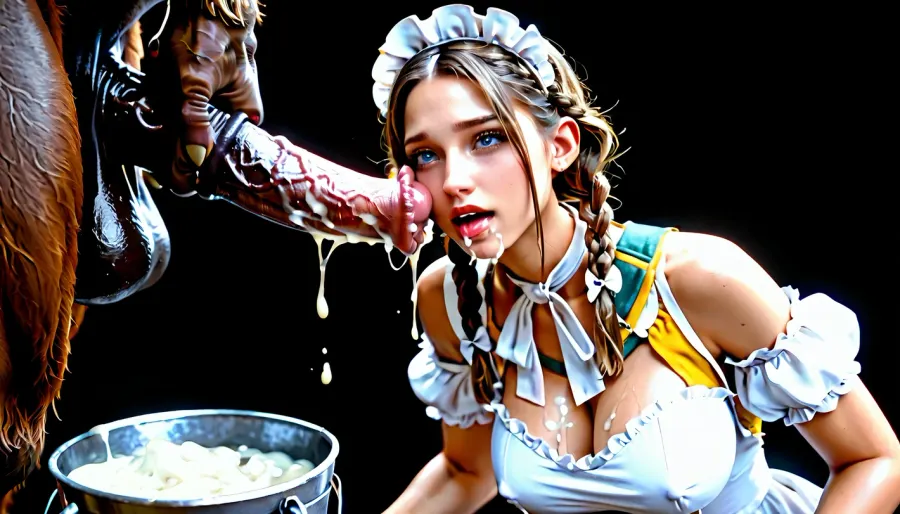 Beautiful woman, dark skin, large breasts. Hair in braids. Milk maid dress. Collecting cum from minotaur in a large bucket. Large horse penis ejaculating into bucket. Womans face near mi itaur penis. Bucket overflowing with cum.