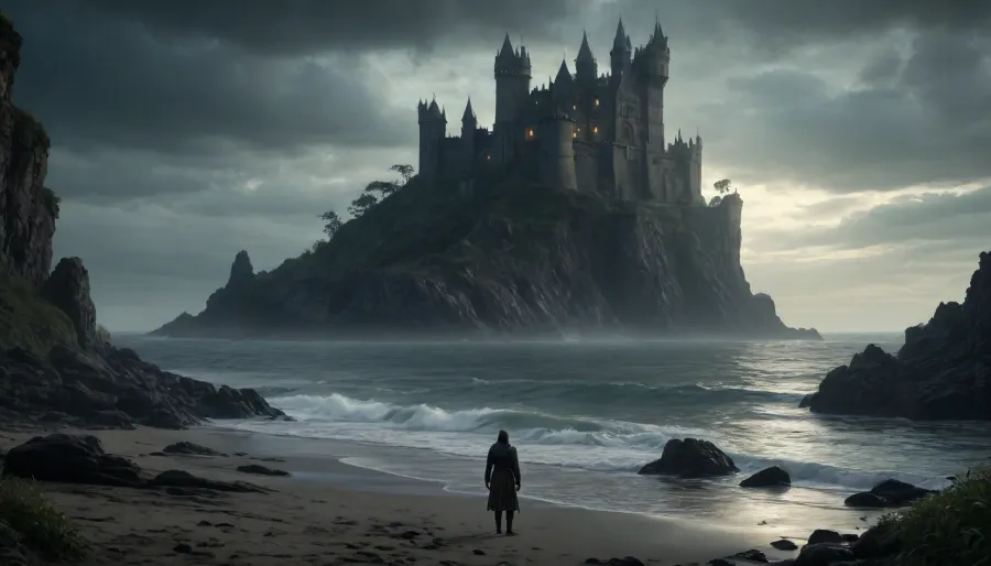 The scene is made on the ocean shore with vegetation in the style of dark fantasy-a dystopia with a very detailed and atmospheric environment. The world in the water is magically infected with glowing anomalies, perverted nature, and the remnants of vanished civilizations. The light is unnatural, casting eerie shadows. The art style combines elements of medieval fantasy.