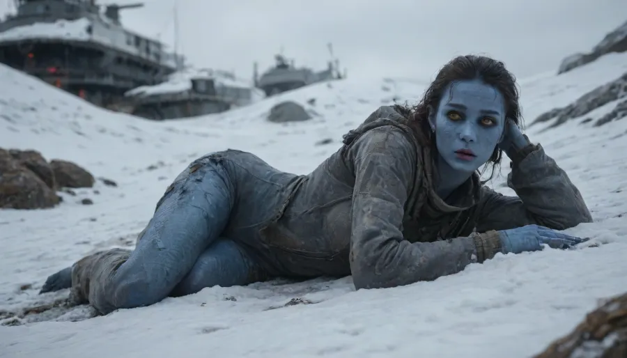 (not human, alien body, alien proportion, alien anatomy, green blood, (blue skin, scaly snake skin, reptile-like skin, scales)), alien female in torn space jumpsuit creeping through the snow, prostrated, halfnude, wrecked, wounded, helpless, her broken wrecked space ship in background, (full-length image:1.3)