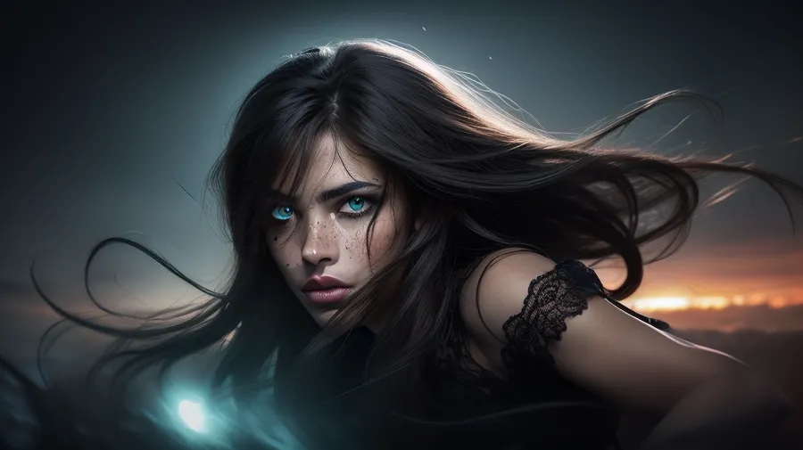 a coquettish woman with a very long hair, chaotic darkness, scribbled lines, surrender, polychromatic, diffuse, elaborate hairstyle, small breasts, beautiful crystal eyes, glowing {brown, blue, green} iris, heartshaped lips, freckles, lip gloss, aroused skin, olive skin, pose, dramatic sunrise, ground-fog, fog, (blackened darkness mood), worm´s-eye view, soft focus, distorted, night vision, double exposure, parallax, #©KITTYART