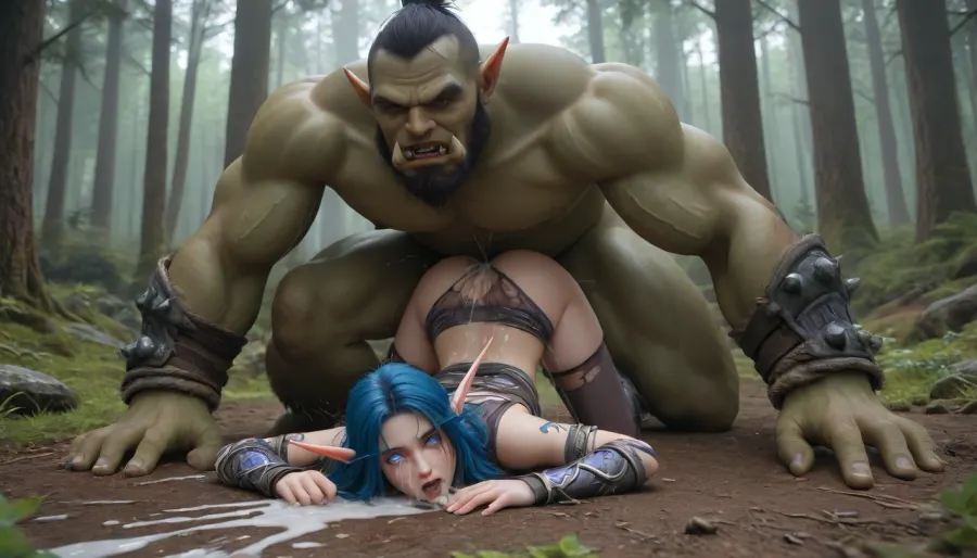 World of Warcraft, Sylvanas, medium tits, beautiful girl, exposed boobs, orgasm, rough sex, detailed face, ahegao, forest, torn clothes, thin night elf girl, (pussy squirting), darkblue skin girl, blue hair, glowing night elf eyes, night elf face tattoos, face down, ass up, (roughly fucked by angry orc), (huge, giant, fat, green orc), creampie, excessive cum on face, cum in mouth, dynamic positioning, anime, hugest, man, ever, cumming, NightElf, in, armor, diadem, horns, <lora:NightElfXL01-000005:1.4>