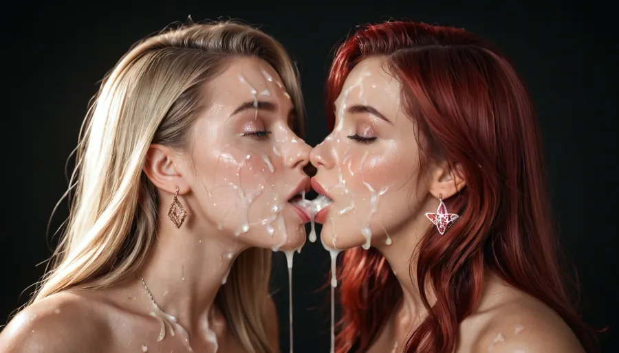 2girls, German, ultra-detailed, highres, 8k, realistic style, naked, massively covered in cum, heavy cum on faces, full body covered in cum after bukkake with 50 men, in a sleazy techno club, neon lights, grimy club atmosphere, first girl, 27-year-old, blonde hair, ultra-realistic blonde hair, perfect silicone breasts, mouth full of cum, second girl, 25-year-old, red hair, ultra-realistic red hair, pretty natural breasts, both passionately kissing, sharing cum during kiss, pulling sticky cum strings, dripping cum, cinematic lighting, wet and glossy skin