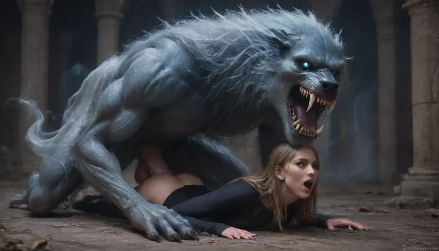 massive werewolf having sex with human female, vaginal sex, cum inside, (hard werewolf penis:1.8), modern-werewolf, mating press, fast movement, howling, female is flat-chested, ribbed cock penetrating pussy, passionate sex, female body pressed roughly against the ground, werewolf paw holds her head to the ground, all the way, moaning, big pussy juices, long sleeve tight bodystocking, athletic body, high definition, blue eyes, blond hair, long hair, extremely beautiful face, very detailed, werewolf opens its mouth and shows its sharp teeth. The scene is in the surroundings of an ancient castle, (some terrifying ghosts and other creatures of the night:1.7), are hiding in all possible corners of the great hall, watching the unlikely couple having sex. The atmosphere is frightening and arousing at the same time. perfect huge cock, high detailed, 1girl, 1boy, prone, bone, sex, from, behind, lora, (ProneBone-000010:.5), Black, and, white, art, black, shading, charcoal, toned, brutal, dark, b/w, color, scheme, <lora:Modern_Werewolf:.3>, <lora:Black and white art.V1:.8>, <lora:ahxl_v1:1>