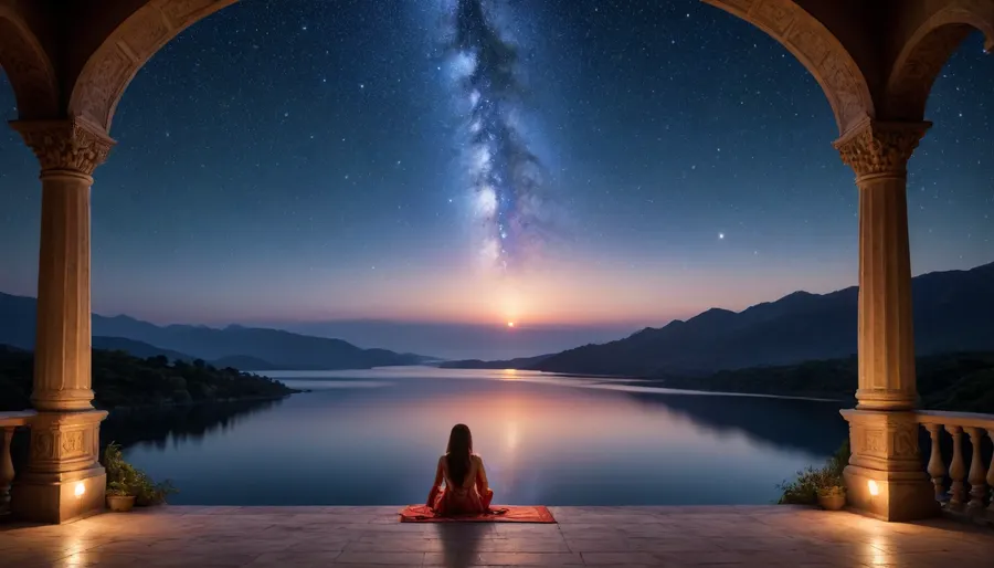 On a serene evening, a star-studded sky twinkles with a mesmerizing brilliance. The deep navy canvas is adorned with countless shimmering orbs, casting a dreamy glow over the landscape below. This breathtaking painting captures the tranquil beauty of a night illuminated by celestial bodies, offering a sense of peace and wonder to those who gaze upon it. The exquisite detail and expert use of light and color make this image a truly captivating work of art.