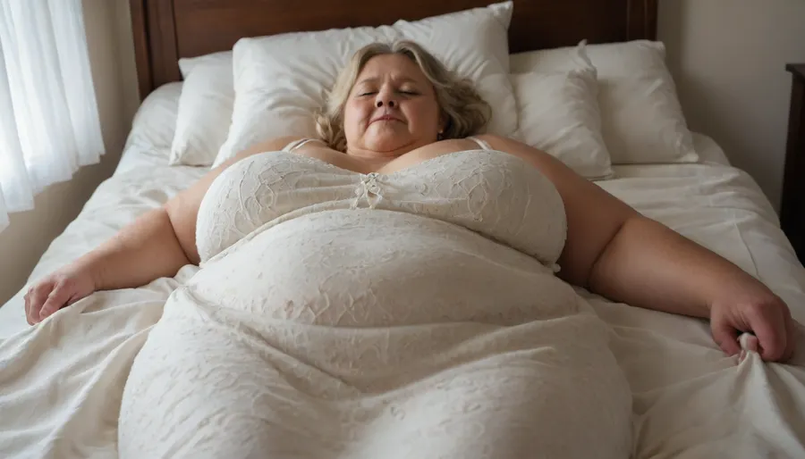 RAW photo, subject, (fine skin detail:1.1), 8k UHD, soft light, high quality, film grain, Fujifilm XT3, dynamic angle, An old blonde granny, fat, obese, In a cotton dress, sleeping