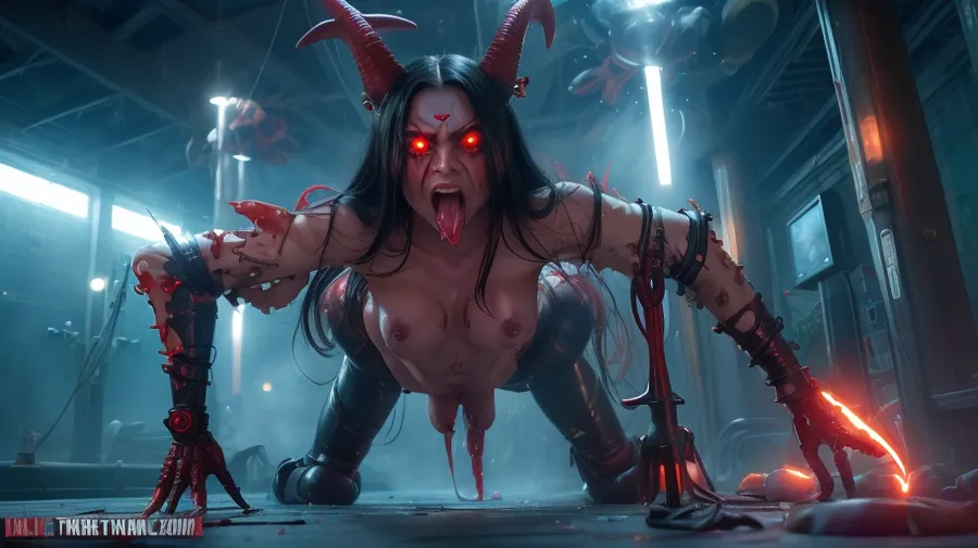 full frontal view from under looking up .extremely violently angry, vicious wicked witch amputee, goat horns, pussy in full view, glowing red eyeballs. black straight hair with bangs, futanari a lot of futinari witch girls 18 look like a young Marina Abramović and lady gaga naked fully nude half human alien hybrid bodies practicing hot yoga sweating profusely having sex . glowing red eyeballs. stretching and contorting while squirting cum .squatting. white vanilla icing dripping everywhere.squirting milk from pussy like a fire hose, split tongue dripping, futanari . long split tongue, hot yoga. having sex many positions. erect nipples . many appendages. glowing red eyeballs. sharp teeth futanari. bukkake. dildo spraying milk on girls. crucifix, alien symbols. torture devices.