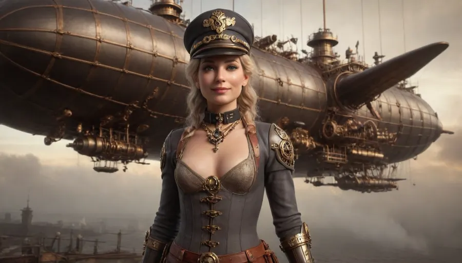 Steampunk, A wide shot from outside of an airship into an extremely detailed control center on an antique airship, 40 years old, best quality, ultra detailed, masterpiece, fine details, high resolution, a solo blonde female captain on the deck of an airship, ((slim and flat-chested:1.6)), wears unique detailed Captain uniform, dashboard, gauges, steam engine and gears in the background, 8k wallpaper, sexy, a smile, dimples on his cheeks, smile, dimples. Smile, dimples, blue eyes, colorful patterned cape, gloves, gold patterned necklace, cylindrical hat, goggles, bracelets, tattoo, (vintage airships battle in the background:1.5), airship explodes, steampunk style grime, top view of earth landscape, sunset, gold-rimmed clouds, translucent in the sun. flat, chested, anchespaceroom, cloudy, smoke, atmospheric, clouds, fog, steampunknoireai, mad-mecharm, <lora:flat_chested_v3.5:.3>, <lora:Cloudy_Style:1>, <lora:SteamPunkNoireAIp:.7>, <lora:Gearbound_Mechanical_Arm_SDXL:.8>, <lora:Hell_Constantine_2005_-_Anime:1.6>