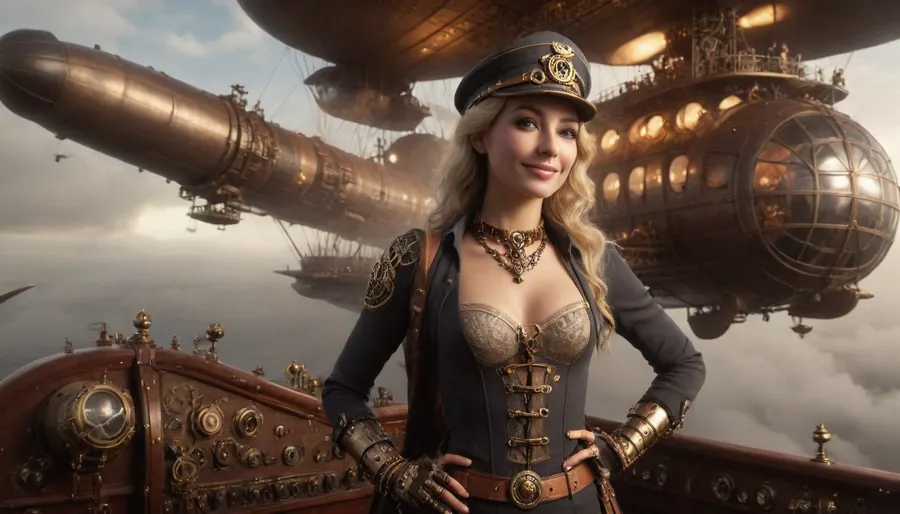 Steampunk, A wide shot from outside of an airship into an extremely detailed control center on an antique airship, 40 years old, best quality, ultra detailed, masterpiece, fine details, high resolution, a solo blonde female captain on the deck of an airship, ((slim and flat-chested:1.6)), wears unique detailed Captain uniform, dashboard, gauges, steam engine and gears in the background, 8k wallpaper, sexy, a smile, dimples on his cheeks, smile, dimples. Smile, dimples, blue eyes, colorful patterned cape, gloves, gold patterned necklace, cylindrical hat, goggles, bracelets, tattoo, (vintage airships battle in the background:1.5), airship explodes, steampunk style grime, top view of earth landscape, sunset, gold-rimmed clouds, translucent in the sun. flat, chested, anchespaceroom, cloudy, smoke, atmospheric, clouds, fog, steampunknoireai, mad-mecharm, <lora:flat_chested_v3.5:.3>, <lora:Cloudy_Style:1>, <lora:SteamPunkNoireAIp:.7>, <lora:Gearbound_Mechanical_Arm_SDXL:.8>, <lora:Hell_Constantine_2005_-_Anime:1.6>