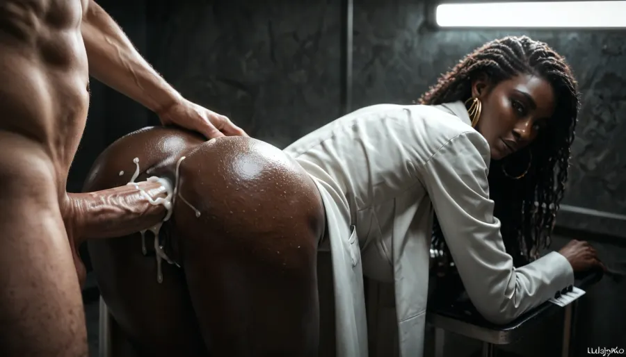 Rating_explicit, ethereal fantasy photography, (score_9, score_8_up, sharp focus, masterpiece, perfect eyes), high resolution, perfect limbs, anatomically accurate, Super realistic, perfect lighting, (best shadow), 8K, UHD, clear image, (best lighting), highest quality, ultra-detailed images, African, Incredibly beautiful girl naked, Black hair, long hair, realistic African face, (African girl Naked), cute face, grey eyes, skinny, ((dark skin)), ((glossy skin)), (huge natural breasts), big waist, (Shapely body), wide hips, perfect skin, perfect face, seductive pose, (her face and expression showing a mix of submission and ecstasy and exhaustion), slight eye roll, big round athletic ass, half open eyes, luscious sensual lips, natural beauty, eternal beauty, (old male dentist dressed in labcoat), (massive cock), (old male dentist anal fucks young woman), (man hands grabbing anus, spreading anus), (creampie), (anal sex), (anal penetration), spreading legs from side, from above, wide-shot, ​ Moody, mysterious, magical, shallow depth of field, Shot from Stanley Kubrick movie, shot on Kodak film, <lora:reallora1:.5>, <lora:Oxygen girl_SDXL1.0:.5>, <lora:dark:.5>