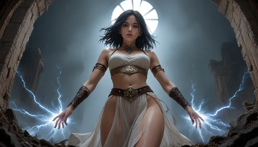 (masterpiece), (ultra-detailed), (photorealistic), (8k resolution), (perfect anatomy), (realistic wet skin texture), (sharp focus), (cinematic rain lighting), (low-angle view), (dark stormy fantasy environment), (glowing death portal), (wet hair and cloth movement), (atmospheric mist), (dramatic lighting), (emphasized body curves), (erotic tension:1.2), (mystical tattoos), A young female warrior, around 19 years old, is walking toward a massive glowing portal — swirling violently with unknown dark energy, radiating death and instability. The scene is viewed from behind and slightly below, her silhouette soaked in rain and backlit by the storm.

Her long flowing black hair like obsidian, streaked with vivid electric blue highlights, (super black hair:1.4), (charcoal-black hair with deep blue highlights:1.3), is drenched and clings to her bare upper back and shoulders, strands blown slightly by the wind.

She wears a revealing, tight-fitting black fantasy armor — made of enchanted leather and flexible metal. Her **upper back is exposed**, and the light reveals faint **mystical tattoos on her right shoulder**, delicate and ancient in design, trailing down across her shoulder blade. They are subtle but glowing faintly under the rain, like hidden runes responding to nearby magic. The wet skin makes the markings shimmer softly without overwhelming her natural curves.

The armor sculpts tightly around her **slim waist**, **rounded hips**, and **firm glutes**, with water running over her detailed form. Her posture is tense, steady, sensual. **Thigh-high rune-covered boots** and soaked cloth strips flow with the motion of the wind.

Her **right arm is demonic**, clawed and cracked, glowing with violet energy. She prepares a death spell above her palm, its eerie light reflecting on her soaked armor and skin. The glowing runes on her arm resonate faintly with the portal ahead.

In her **left hand**, she loosely carries a **massive demonic sword**, the blade forged in cursed black metal and covered in glowing infernal etchings. Around it swirls a **violent green-blue aura**, radiating destruction and chaos like a breathing entity. Rain sizzles on contact with the energy.

The **portal before her** pulses with deadly magic, a swirl of violet mist, glowing runes, and whispering shadows. Lightning flashes in the clouds above. She stands motionless, soaked in rain, muscles tensed — a dark, powerful silhouette on the edge of destiny.

A moment of sacred stillness — where body, magic, and fate converge. Erotic, mysterious, and ominous.