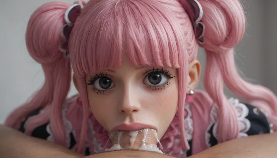 (Perona from "One Piece":2), (Perona outfit), (doll black eyes), (extreme oral sex:2), (huge dick), (cum eruption), pov