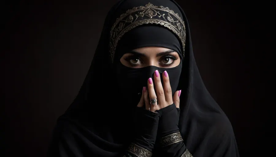 full body view of a face-covered beautiful dark skinned black eyed Persian woman wears a black burqa, perfect eyes, perfect hand, holds hand with pink nails next to her head, textured, photorealistic, the background is black, <lora:Super_Eye_Detailer_By_Stable_Yogi_SDPD0:.5>, <lora:DetailedEyes_V3:.9>, <lora:dark:.4>