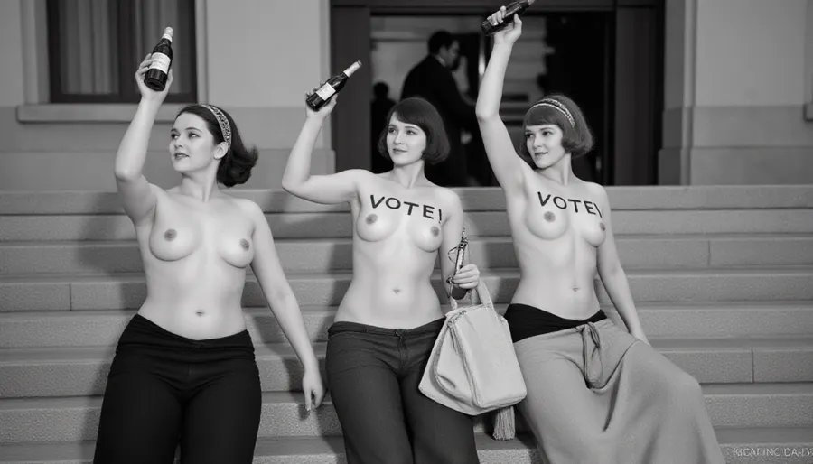A captivating black-and-white image featuring three women in the 1920s, standing on the stairs outside the city hall. They are all holding up a bottle wine, showcasing various styles of skirts typical of the era, Their upper bodies are naked. Text painted on their breasts in giant letters "VOTE!". The composition is balanced, they are lined up in a diagonal fashion, creating a dynamic visual flow. The light source appears soft and diffused, enhancing the nostalgic mood while casting gentle shadows that accentuate their facial features and outfits. Each woman exhibits different poses and expressions, emphasizing camaraderie and joy. The first woman's short bob hairstyle contrasts with the more ornate headpiece of the second. The lighting highlights the smooth textures of the fabrics and brings attention to their accessories, such as handbags and decorative hairbands. There is a harmonious blend of elegance and casual charm, evoking a sense of carefree enjoyment. The scene is rich in detail, inviting viewers to appreciate the personalities captured within this moment. shot on Canon EOS 5D Mark IV, 85mm lens, Deep focus, (f/11), everything in sharp detail, Studio lighting with softbox, no harsh shadows, full body shot, 1930, style, <lora:1930 style v1:1.2>