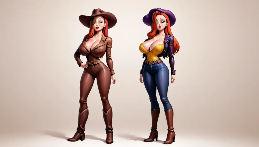 (((((jessica rabbit))))), solo, medium close-up, western, ((huge chest circumference)), cowboy hat, cowboy leather pants, cowboy boots, cowboy belt, cowboy shirt long sleeves, cowboy leather vest, long cowboy leather coat, stands next to a saddled horse