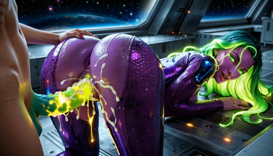 two space color futanari, purple mini futa, green huge futa, space, alien, transgender futa, futanari, skinny futa, thin futa, slender fit ass, athletic legs, vagina under a dick, have sex, in a space shower laboratory. green slime on the wall and on the floor. Their skin is covered with scales. 18 year old. Cute faces, no clothes. Long beautiful legs. There are claws on his hands. Wet. There are many different planets in the window, galaxies, a quasar, spaceship. Lots of colorful thick cum. A huge cock with veins, ass sex, missionary, cumming on ass, cum on back, cum on flor, distance photo, 8k, UHD. super quality, detailed face, futanari missionary sex on a cosmic shower on ship, detailed legs, futa fuck futa, futanari sex, futa porno, cosmic dick. purple skin tone, blue vagina, used vagina, use ass, a young face, a sweet face, glowing eyes, glowing growths on the body, double sex, glowing dick, glowing tits, glowing vagina, glowing cum, glowing sperm, glowing boobs, Skin-tight sexy full-body space alien glows costume, transparent glows clothing, young face, glowing cum, fiery cum, cum glows, glows mucus on the surface, glows hair, glows body implant, glow clothes, scales, scales on the skin, glow dragon's tail, glow reptile's tail, double sex, glow body, young, space glow helmet, glow helmet of the future, glow steampunk body