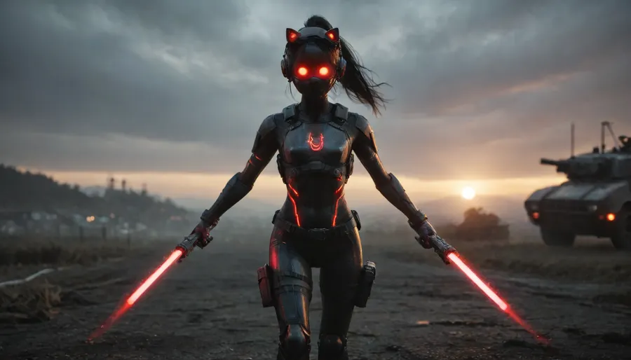 beautiful sexy 24 year old African girl wearing a metal exoskeleton, futuristic technology, pink glow, black girl, ebony girl, model, flat chested, petite body, dystopian, wearing cat ear headphones, tactical gear, wearing a holographic vr headset over her eyes, sunrise in the background, running makeup, face paint under eyes, raining, overcast weather, orange glowing body markings, emo, goth, horror, alien markings all over her body, on a battlefiled, black hair, ponytail, round innocent face, ultra high definition, ruanyi0300, assault, rifle, belt, gloves, goggles, holding, weapon, m4, carbine, mecha, gun, matwaretech, scifi, pixelated, malware, glitch, SentinelsMatrix1024, robot, spider, <lora:SentinelsMatrix1024:.8>, DonMGh0574rm04XL, armor, <lora:DonMGh0574rm04XL:.8>