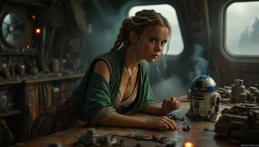 Star Wars Style, full body view of a female Jedi, repairing stuff at messy table, in a messy common room, inside Millennium Falcon, slender, slim waist, blonde matted dreadlocks, flat breasted, tanned skin, lucky charm necklace, beautiful brown leather belt, highly detailed Jedi costume, Jedi toga, perfect face, perfect hands, glass on table, extremely steaming green liquid, R2-D2, dejarik, 8k, high resolution, TIE, fighter, neon_style, cloudy, smoke, atmospheric, clouds, fog, <lora:TIE fighter:.8>, <lora:304304_training_data:.8>, <lora:MJ52:.8>, <lora:Cloudy_Style:1.1>