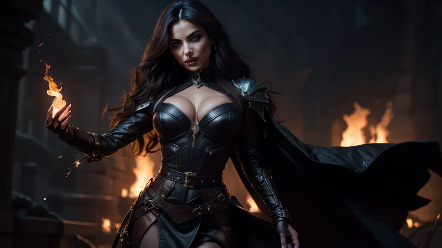 A beautiful, sexy, alluring dangerous-looking sorceress stands confidently, full-bodied and curvy. Her captivating gaze is set off by dark brown braided hair and pale skin. Her deep-set eyes glow bright yellow in the dark, and her full black lips form a knowing grin. She wears a tight, form-fitted mercenary button-up top with ample cleavage and a dark leather jacket and a thick belt that highlights her waist. Her dynamic pose features an upturned hand engulfed in magical flames of purple, blue, and orange. Dramatic, warm light illuminates the scene, casting evocative shadows in a cavernous, dimly lit environment. The background reveals flickering flames and small, indistinct figures in the distance. The composition centers on the sorceress, drawing the viewer's eye to the fiery orb in her hand. Detailed perspective and high focus on her features create a fantasy-style mood, brimming with magic and mystery. The photorealistic style, dramatic lighting, and detailed textures enhance the dark, smoky background, complementing the warm tones of the fire., HyperSmoke, dark, background, black, backlit, theme, <lora:lowkey_v1.1:.5>