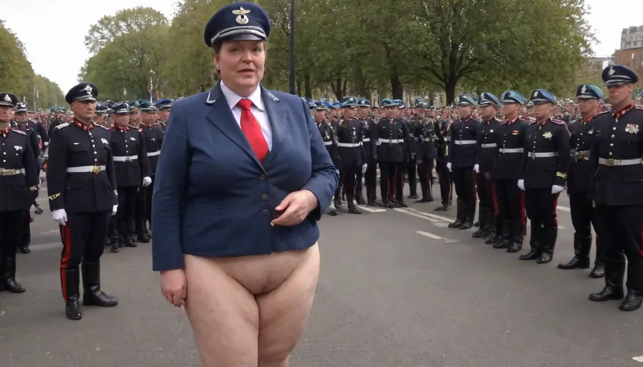 ((no skirt:1.5)), no panties on a OBESE 51-year-old European woman, grandma with hidden shaggy tits and shaggy belly under buttoned BLACK BLUE Military general parade suit. Shaved pussy is visible. BLACK hair, ((wrinkles:1.5)), . RED lipstick on thin lips, BLACK makeup, ((glasses:1)), . She is dressed only with, ((buttoned BLACK BLUE Military general parade suit:1.5)), buttoned up on the tits, ((officer's peaked CAP:1.5)), ., ((NO skirt:1.5)), NO PANTIES. long boots, belt, ((shaved pussy visible:1.5)), full figure visible, outdoor, war parade, realistic image, ultra HD, 8k, ((daylight)), HD, true colors, detailed portrait. No blur, VIVID COLOR full height 8k, megachubsdxl, morbidly, obese, <lora:megachubsdxl_13:.2>, <lora:uniform:1.5>, sagging, breasts, <lora:sagging-000015:.1>